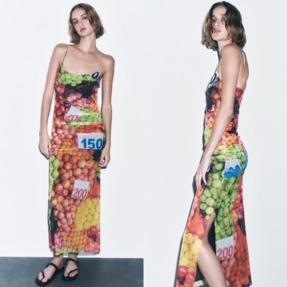New Zara Fruit Mesh Spaghetti Strap Maxi Dress NWT Small - Picture 8 of 17